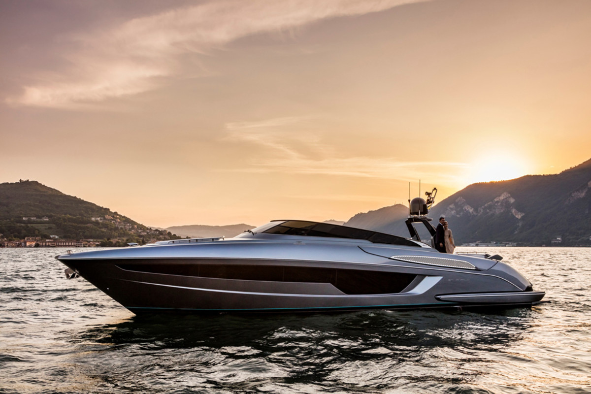 Riva’s new 56’ Rivale is powered with twin 1,000-hp or 1,200-hp MAN engines with V-drive inboards.