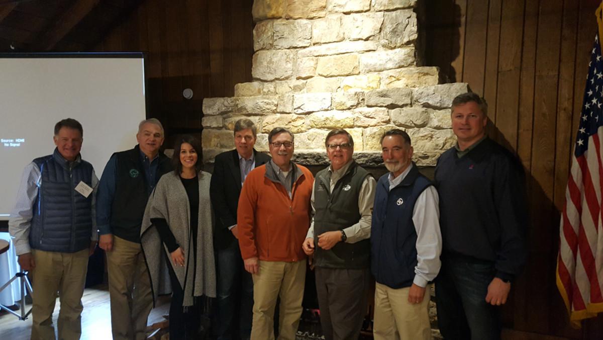 From left are Simmis Fishing president KC Walsh; American Sportfishing Association president Mike Nussman; Vasilaros; National Park Service acting director Mike Reynolds; Interior Department senior White House adviser Doug Domenech; Bass Pro Shops corporate and public affairs director Martin MacDonald; Safe Harbor Marinas co-founder Marshall Funk; and BoatUS vice president Chris Edmonston. Vasilaros said those shown are only a small group of those who attended the meeting.