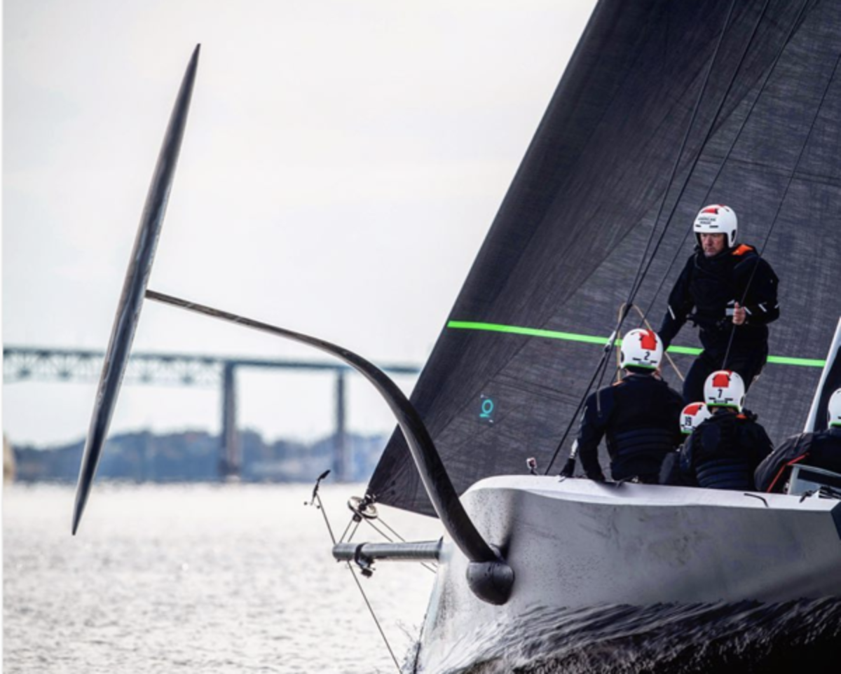 The American Magic team gets some practice in on Narragansett Bay off Newport, R.I.