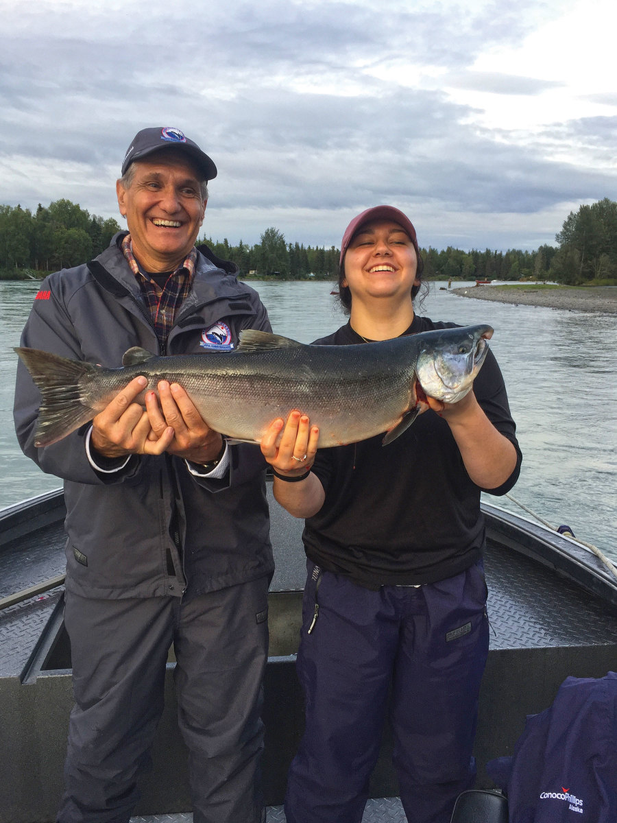 Alaska state Sen. Kevin Meyer and his daughter, Valentina, are shown with the fish she caught.