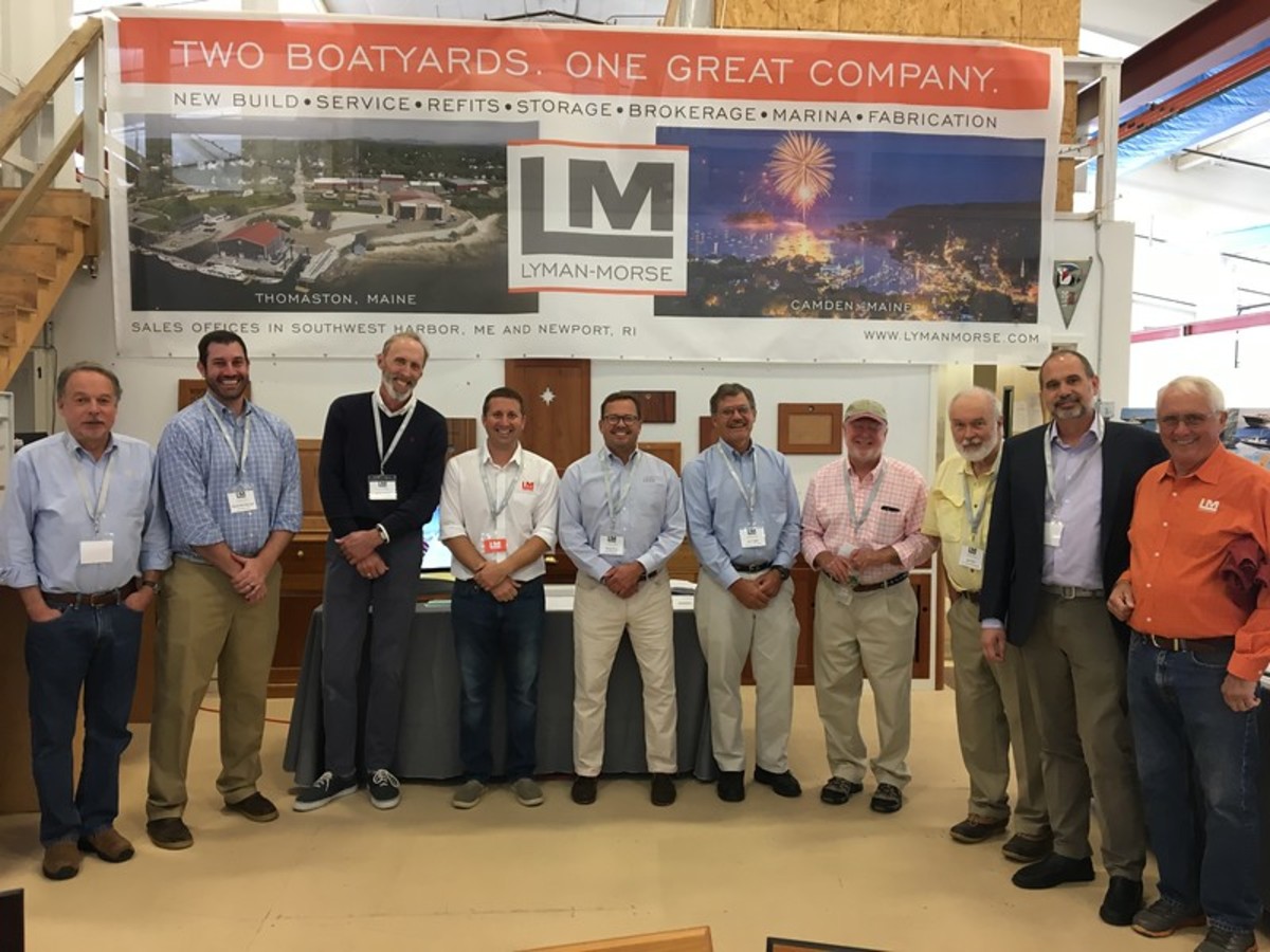 Lyman-Morse Boatbuilding in Maine hosted a forum for designers on Saturday. Shown are Peter Boyce (left), David McCollough, Scott Jutson, Drew Lyman, Doug Zurn, Jim Taylor, Chuck Paine, Jay Paris, Robert Stephens and Cabot Lyman.