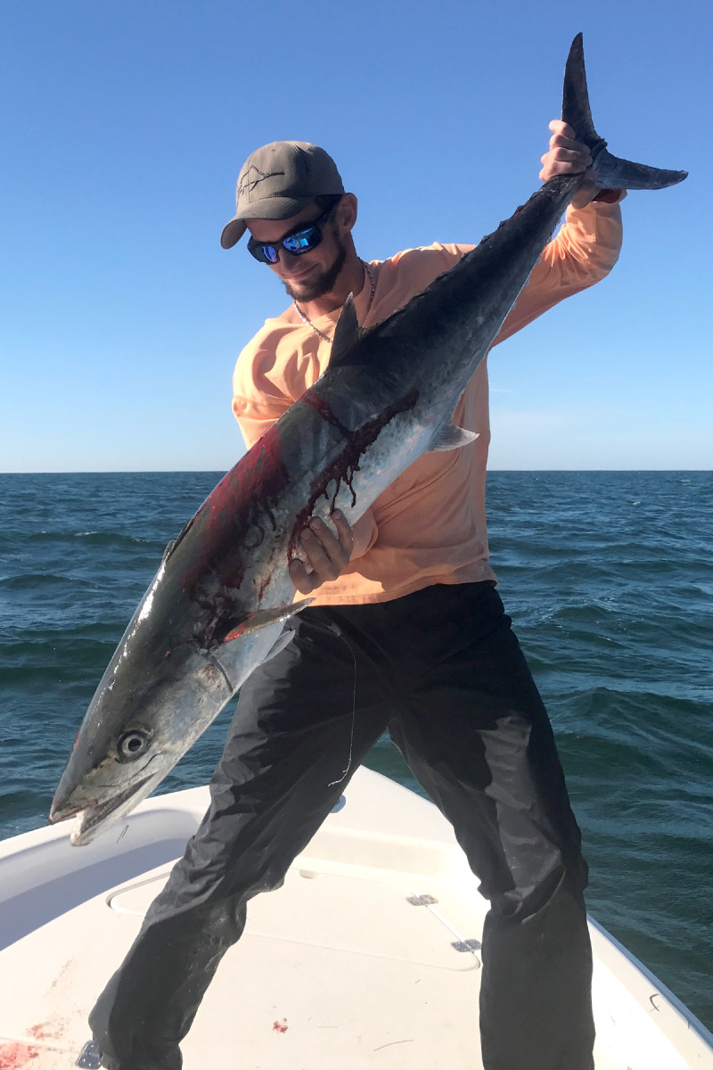 Capt. Cameron Fisher of Team Coastal Chaos displays the 31.5-pound kingfish that won him the grand prize at the Fall 2017 King of the Beach Mackerel Tournament and Festival in Madeira Beach, Fla.