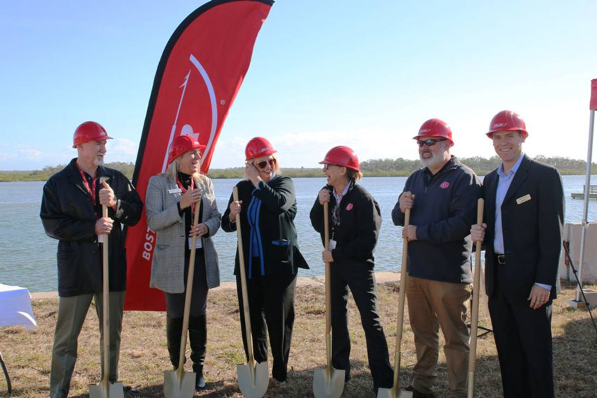 Boston Whaler broke ground Tuesday for a major expansion in Edgewater, Fla. Company president Nick Sticker is at right. Also shown are (from left) Edgewater Mayor Mike Ignasiak; Sue Williams, executive vice president of the Southeast Volusia Chamber of Commerce; Volusia County Council vice chairwoman Deb Denys; Rebecca Crews, Boston Whaler vice president of operations; and Mark Essig, the company’s director of facilities and advanced manufacturing.
