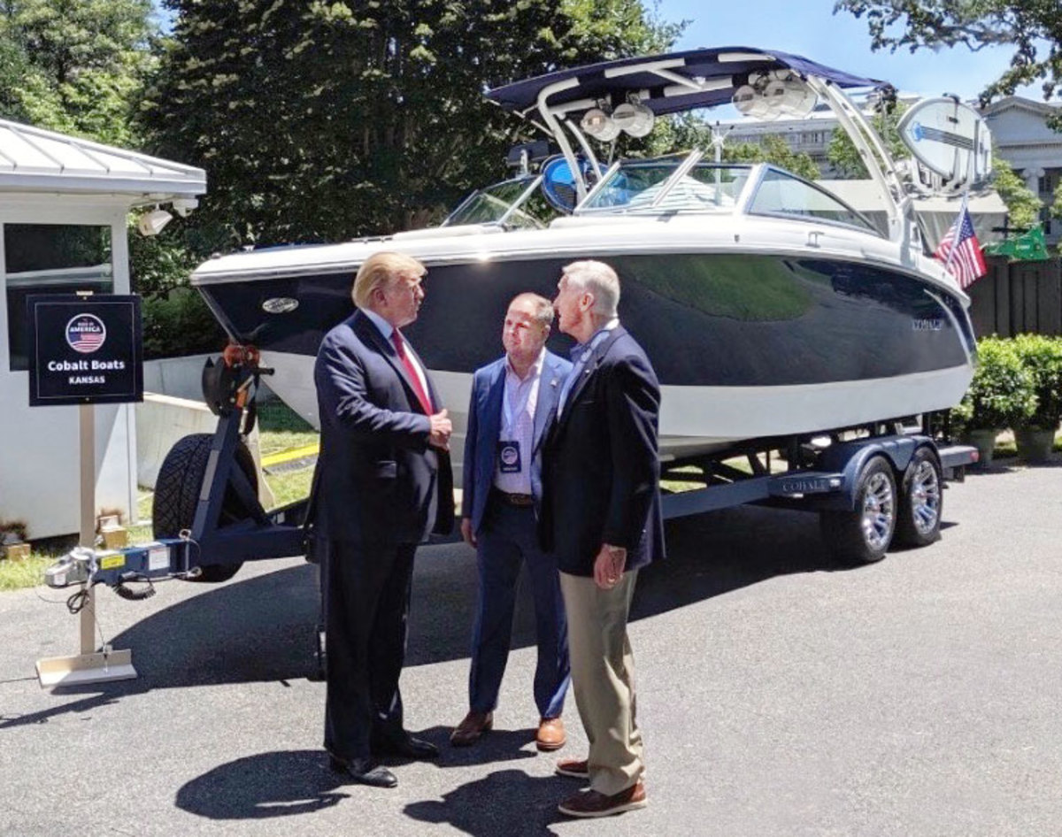President Donald J. Trump, Shane Stanfill (president, Cobalt Boats) and Pack St. Clair (Cobalt founder) on the White House lawn.