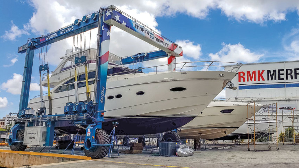 This mobile lift is one of the three types of boat-transporting equipment that the company builds.