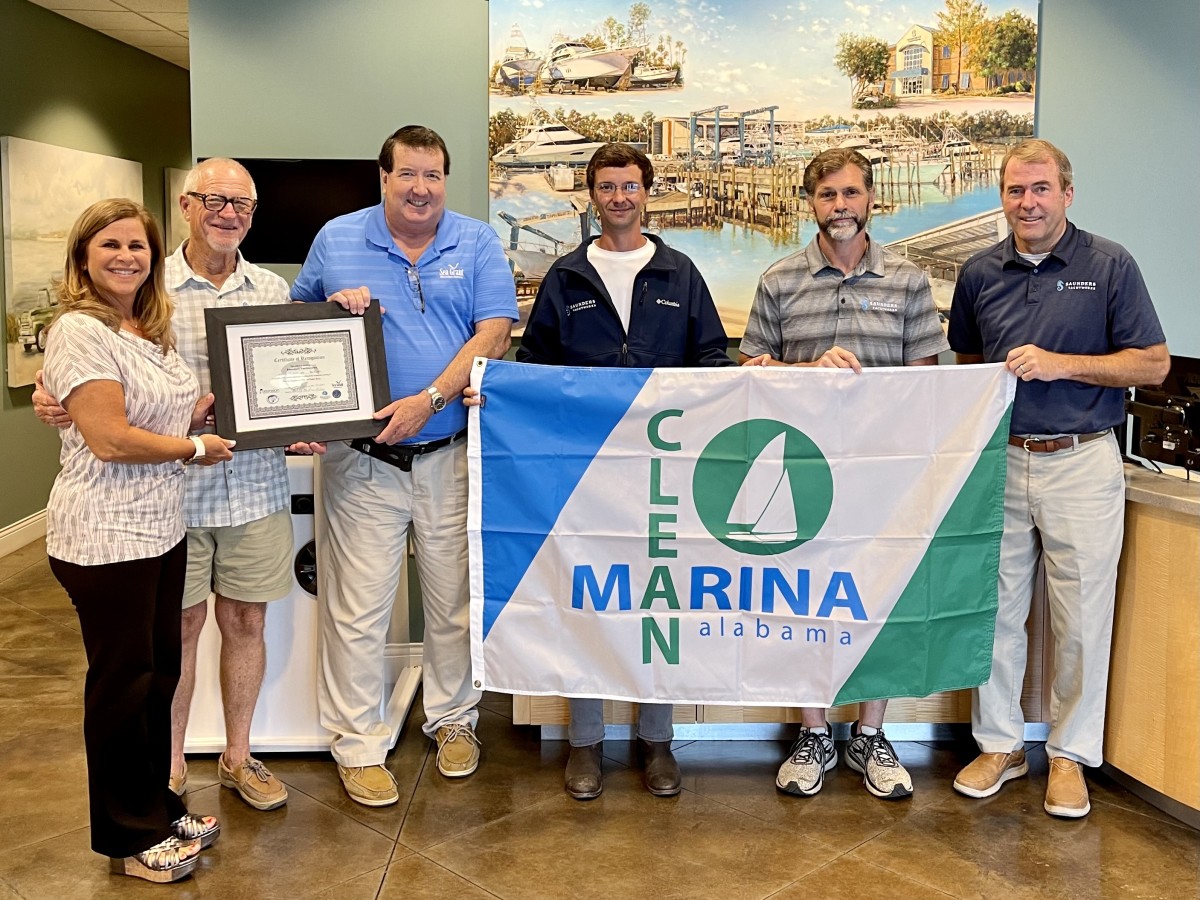 (From left) Beth Gendler, Gulf Shores and Orange Beach Tourism; Andrew Saunders, Saunders Yachtworks; Phillip Hinesley, Mississippi-Alabama Sea Grant Consortium; and M. Boyd Siegel, David Nunez and Greg Lindell, Saunders Yachtworks. Saunders Yachtworks photo