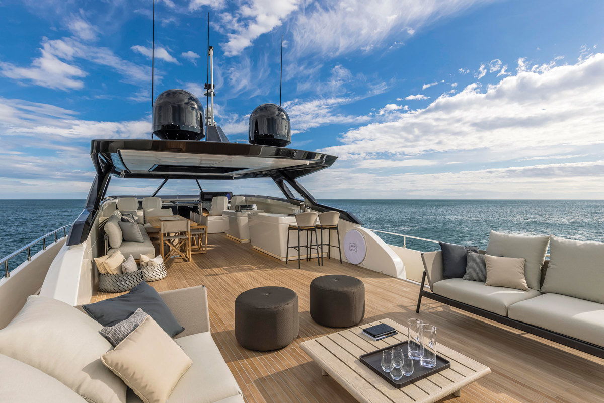 The flybridge area is one of the Ferretti 1000’s large outdoor spaces.