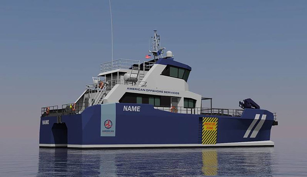 A rendering of the AOS wind farm crew transfer vessel.
