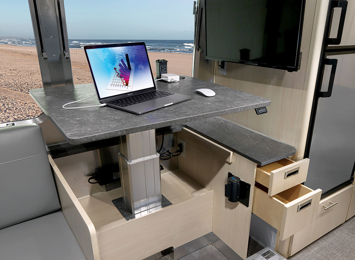Airsteam’s Flying Cloud 30FB Office has a corner work space with a standup desk as an option. 
