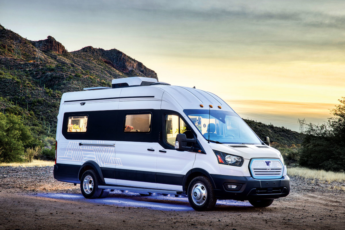 Winnebago’s electric e-RV took two years to develop and has a range of 125 miles. 