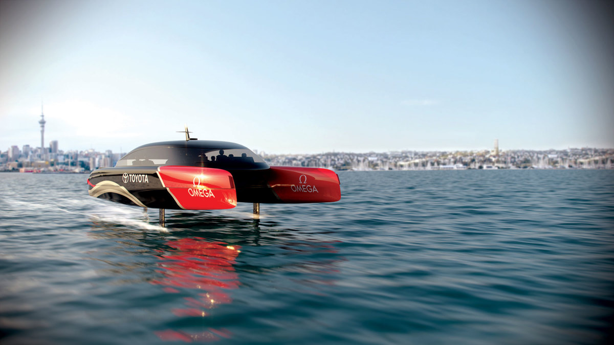 Emirates Team New Zealand’s hydrogen-powered, foiling chase boat has a projected top speed of 50 knots.