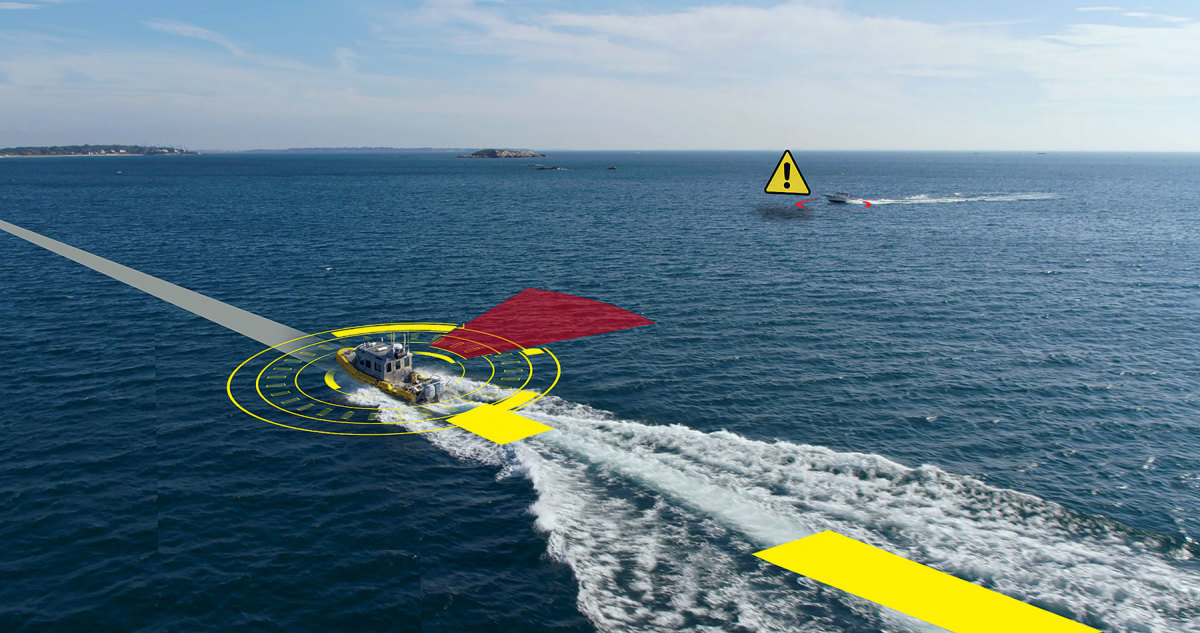 In this crossing situation where a Sea Machines SAFE Boat is the burdened vessel, autonomous technology will “understand” the ­situation, turn to starboard in a timely manner, going under the stern of the privileged vessel, then return to her original course.