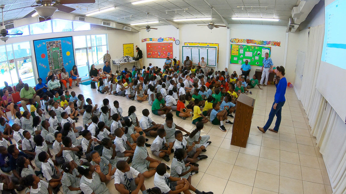 Guy Harvey Ocean Foundation’s Jessica Harvey gives a classroom talk to Florida students.