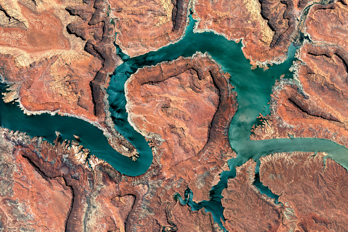 A satellite view of Lake Powell, where houseboat rentals have been suspended due to low water.