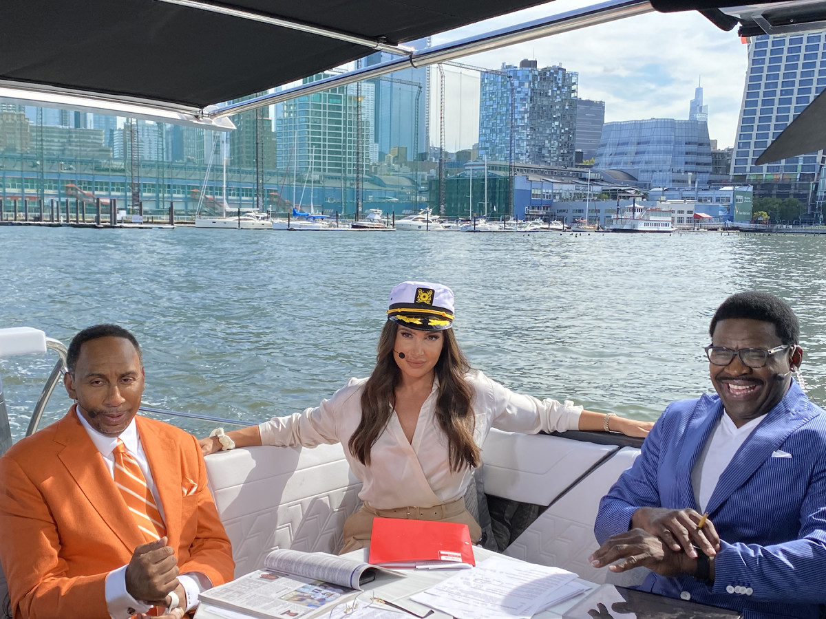 ESPN’s First Take hosts on the water (from left): Stephen A. Smith, Molly Qerim and Michael Irvin.