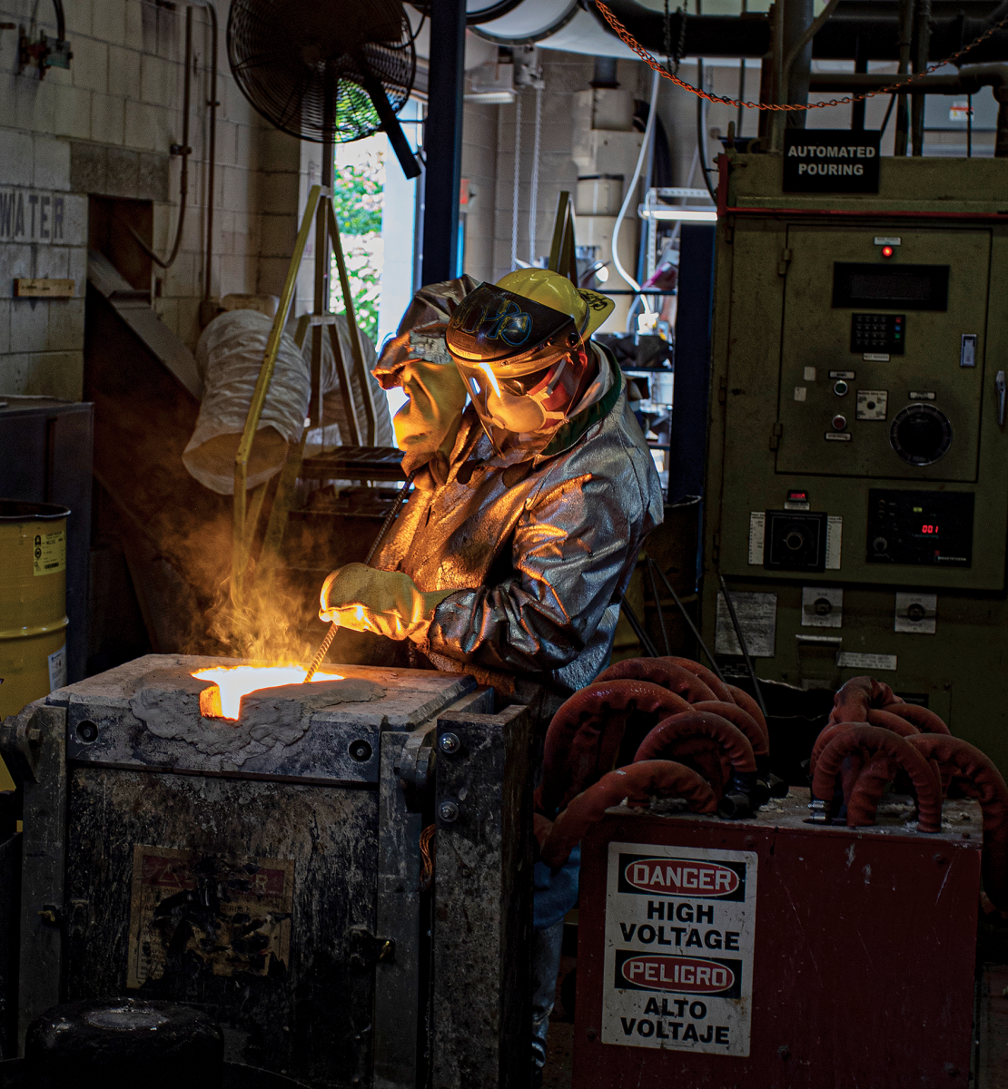 The Greenfield foundry uses  65- and 150-pound furnaces brought from the Indianapolis facility to cast Sharrow propellers