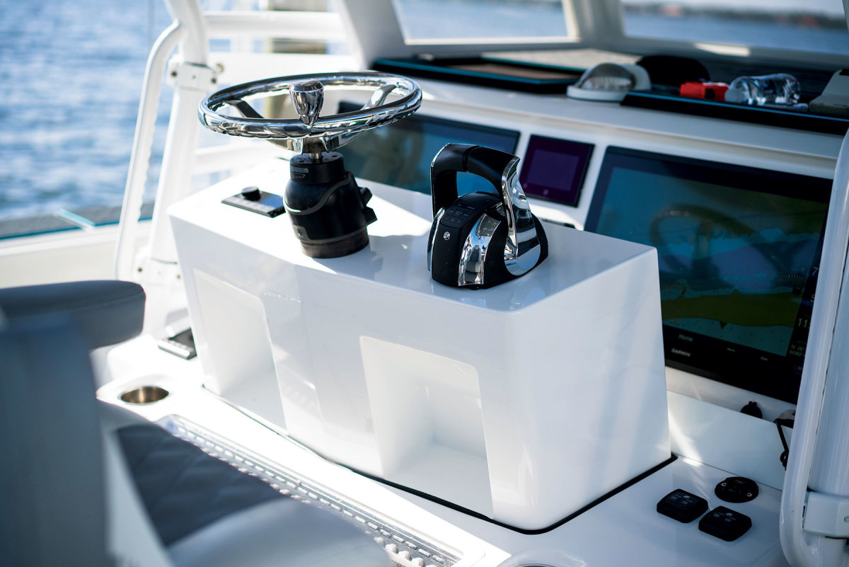 The company’s telescoping helm station on an Invincible Boats center console